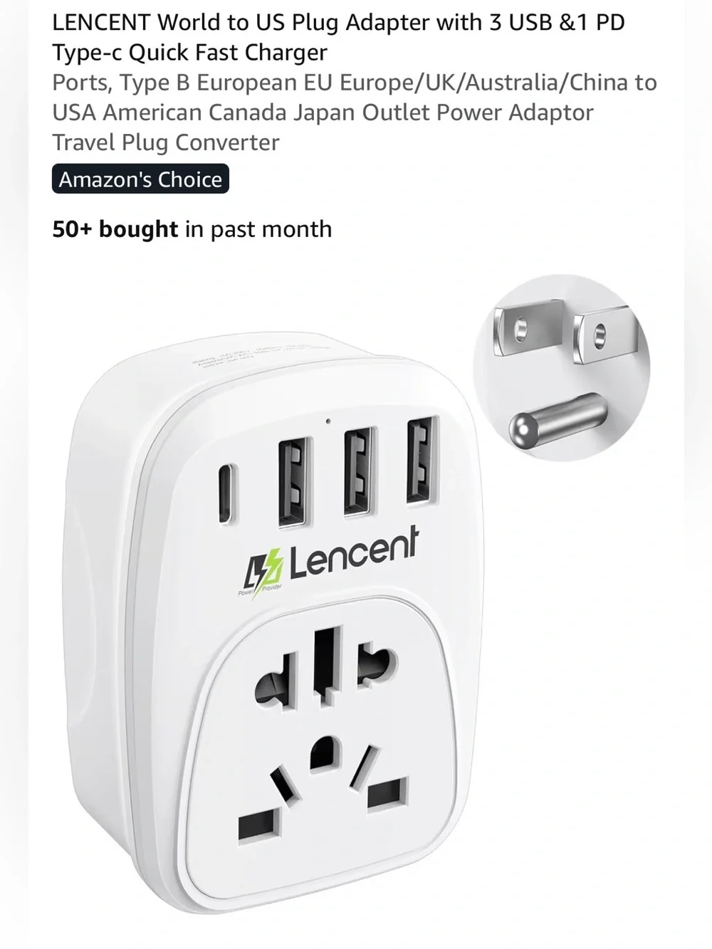 Lencent World to US Travel Plug Adapter with 3 USB + 1 PD Type-C Fast Charge